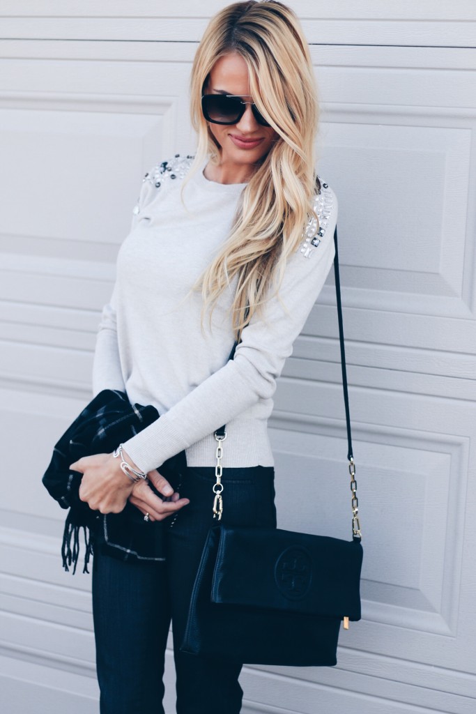 affordable-holiday-outfit-sweater-target-fringe-heels-tory-burch-clutch-scarf