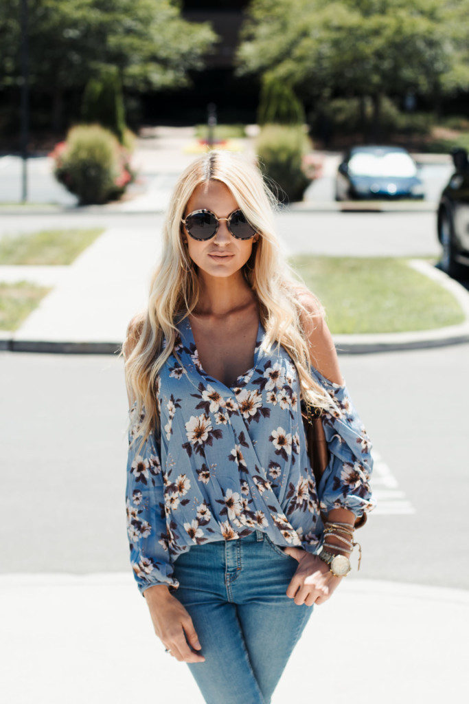 My Favorite Fall Outfit Floral Top Topshop Jeans Pink Suede Booties 